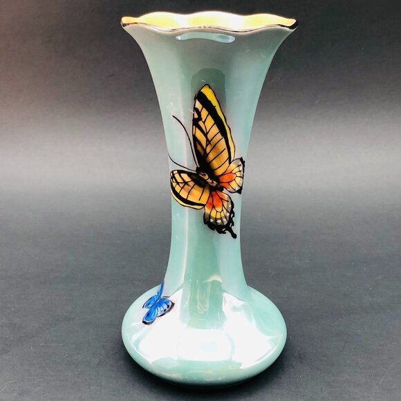 𝅺Art Deco Era Noritake Morimura Bud Vase Turquoise Peach Lustreware Butterflies - Picture 1 of 13